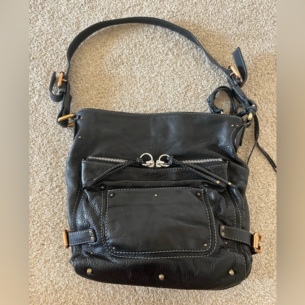 Chloe Black Leather Shoulder Bag with Gold Accents